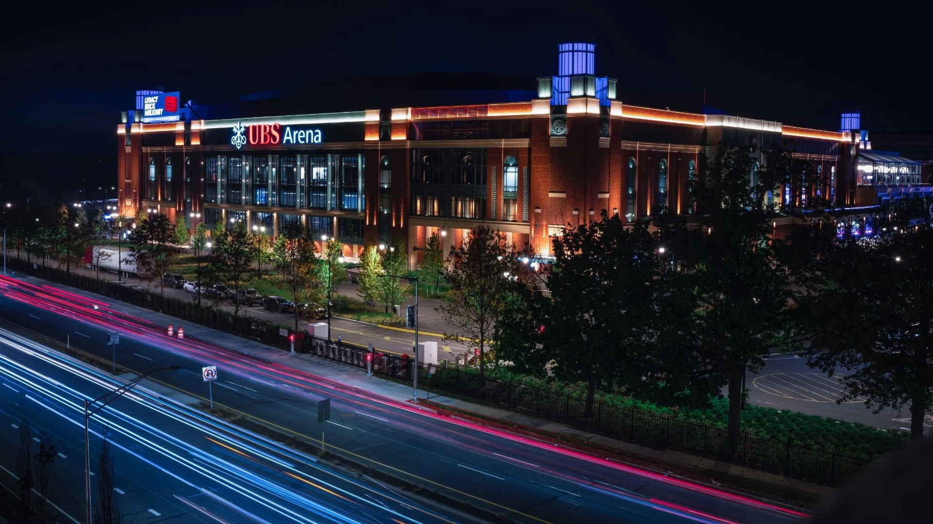 UBS Arena exterior night view